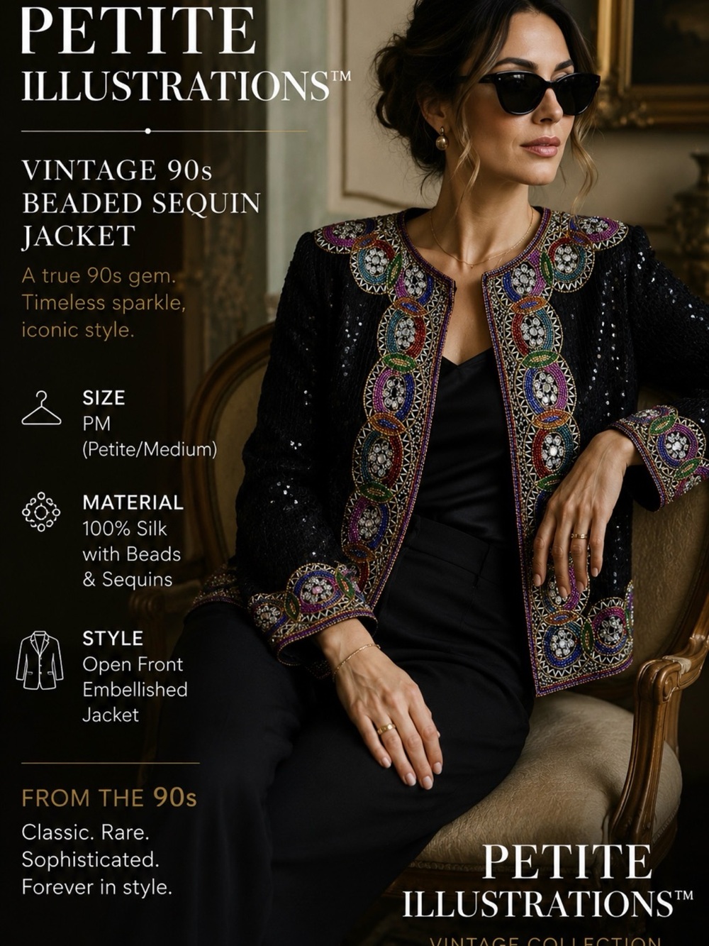 Black Beaded Sequin Open-Front Jacket